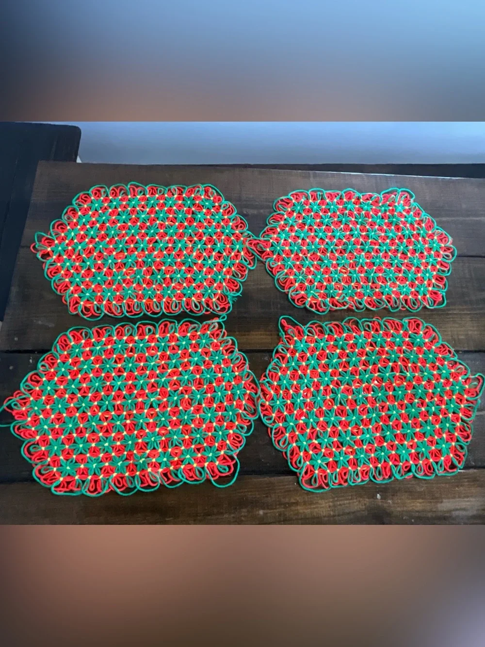 Vintage Lot of 4 Crocheted Placemats Bright Orange Green